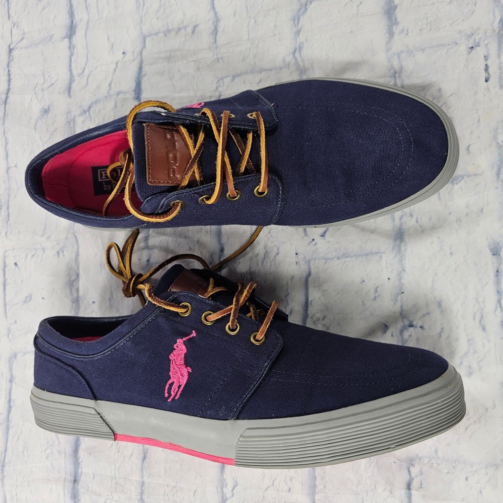 Polo Ralph Lauren Faxon Low Mens 13 Navy Pink Canvas Leather Lace Sneakers Shoes